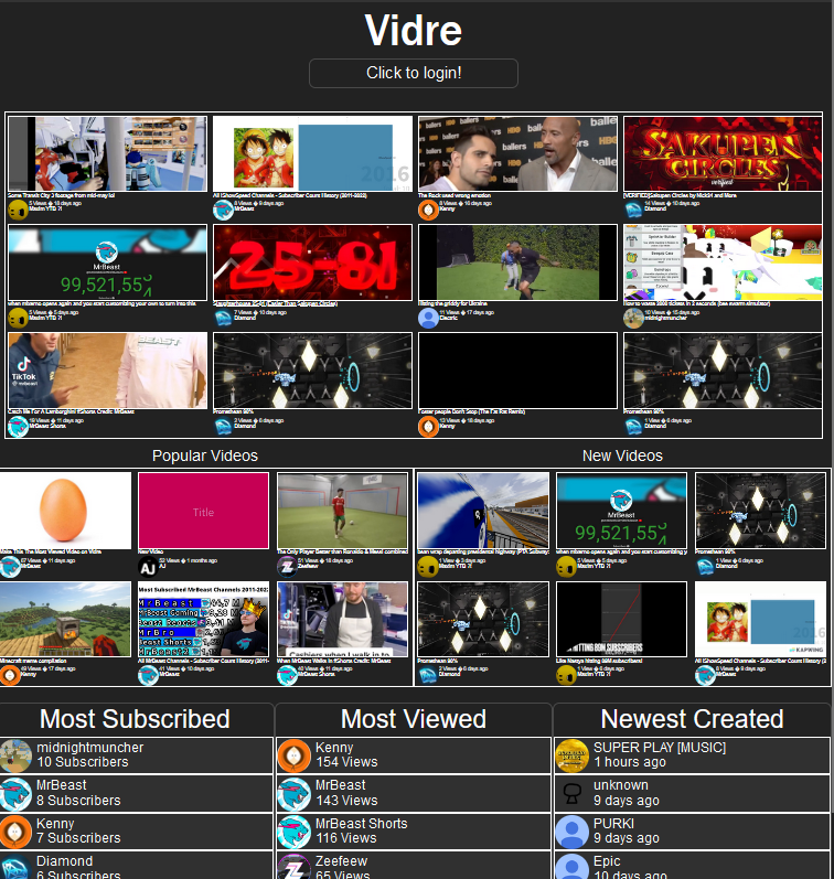 Screenshot of Vidre's homepage